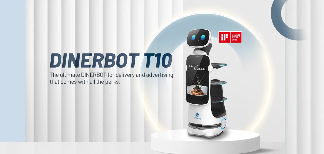 Robot de service Keenon DINERBOT T10 avec écran publicitaire embarqué, dans un environnement de restauration