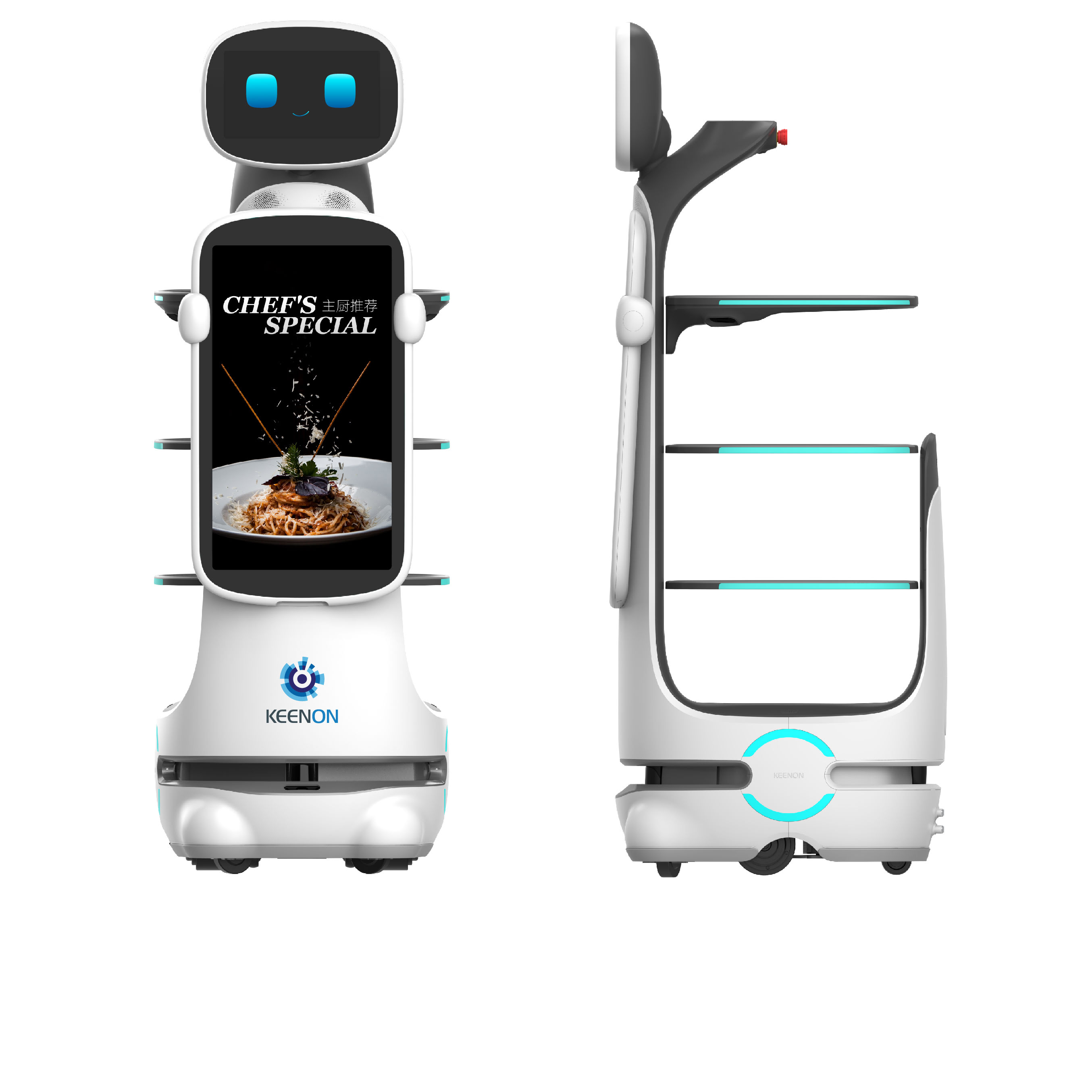 Robot de service Keenon DINERBOT T10, gros plan sur l'écran publicitaire embarqué de 23,8 pouces